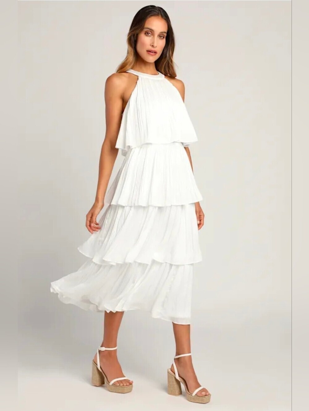Lulu's White Tiered Halter Maxi Dress "Size XS, but it runs like a Small."